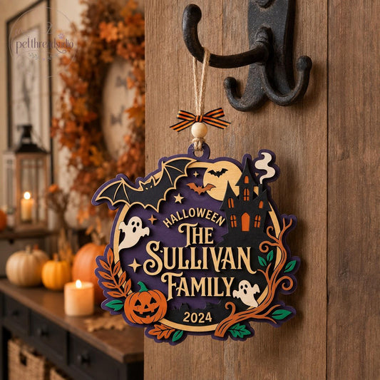 Custom Family Halloween Ornament, Wood Acrylic Ornament, Haunted House Bat Ghost Pumpkin Decor, Personalized Gothic Family Gift, Keepsake
