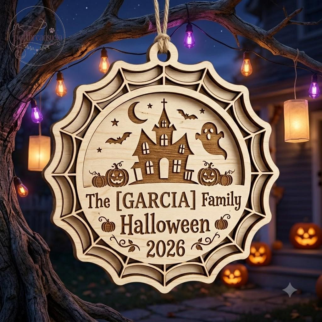 Custom Family Halloween Ornament, Wood Acrylic Ornament, Haunted House Ghost Scalloped Spiderweb Decor, Personalized Family Gift, Keepsake