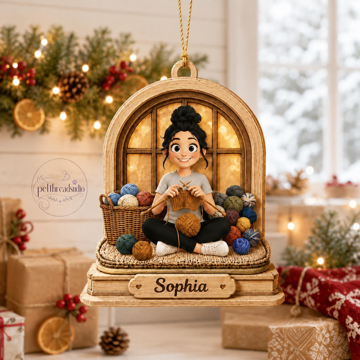 Personalized Girl Knitting Ornament, Custom Knitter Gift, Crochet Lover Christmas Decor, Custom Name Keepsake