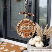 Custom Family Halloween Door Sign, Wood Acrylic Door Hanger Ornament, Bat Spider Pumpkin Ribbon Decor, Est Year Family Gift, Front Door Sign